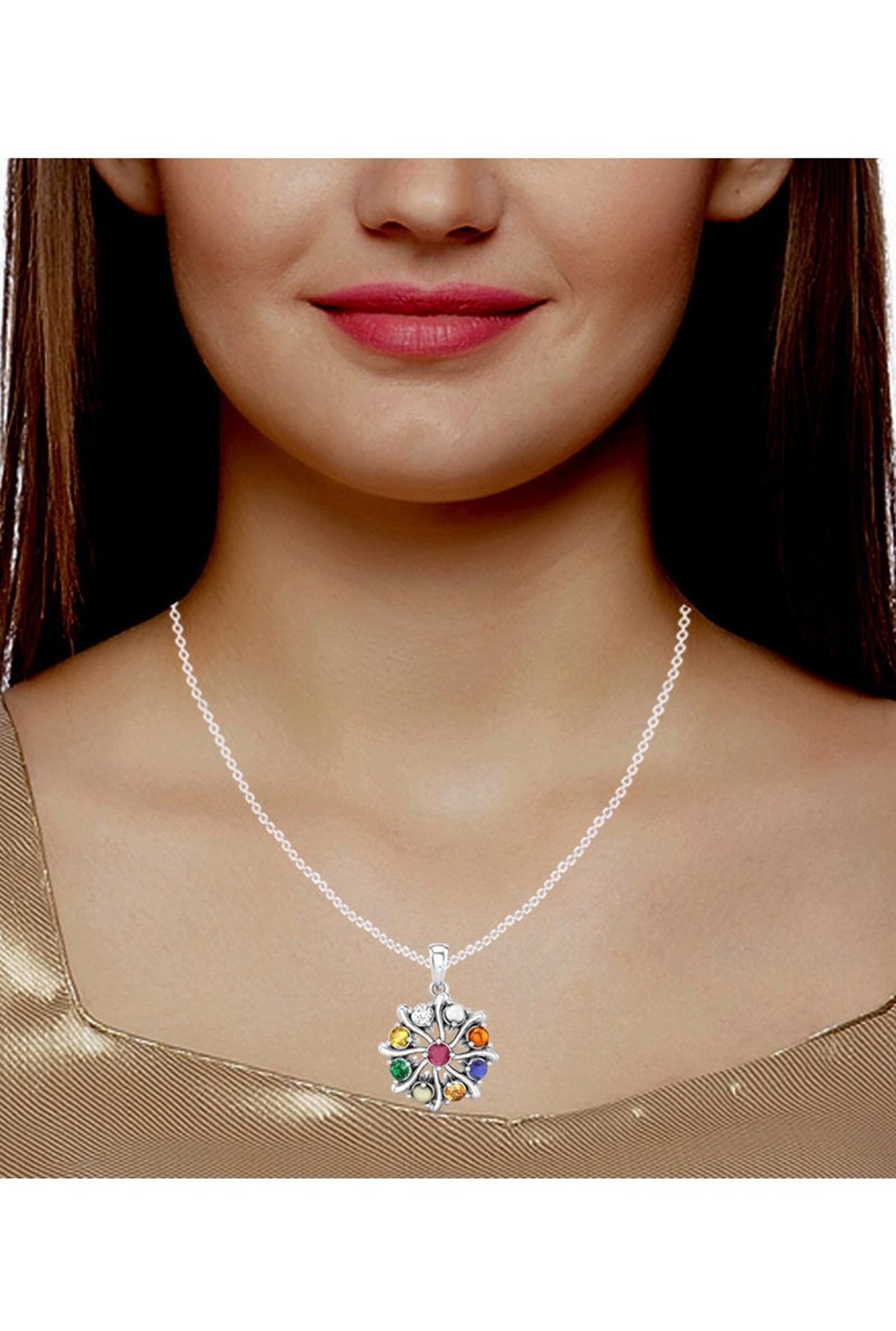 Clara Navratna Stone Nine Planets 92.5 Sterling Silver Pendant