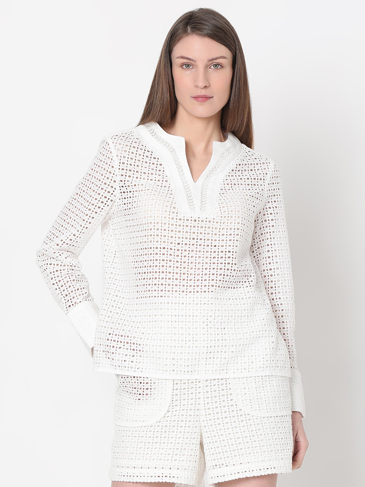 Vero Moda White Cotton Self Design Top