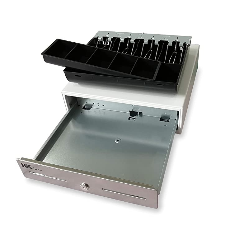 13" Heavy Duty Compact White Manual Push Open Cash Drawer with 4 Bill /5 Coin Till Stainless Steel Front