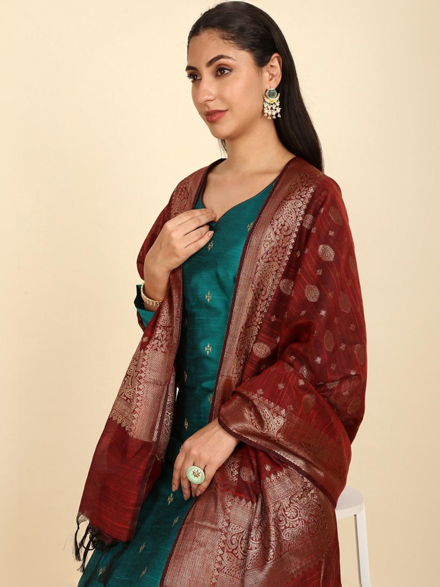 Soch Womens Teal Silk Blend Zari Woven Unstitch Dress Material