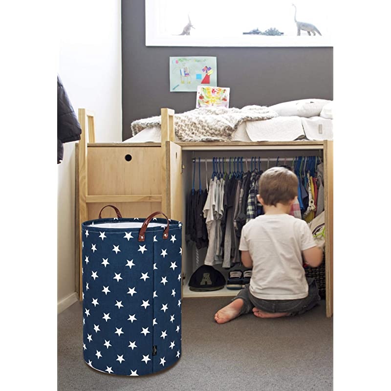 22-Inches Freestanding Laundry Basket with Lid, Collapsible Extra Large Drawstring Clothes Hamper Storage with Handle (Blue Star, XL)