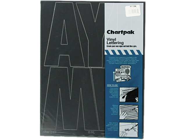 Chartpak 01184 Press-On Vinyl Uppercase Letters, Self Adhesive, Black, 6"h, 38/Pack