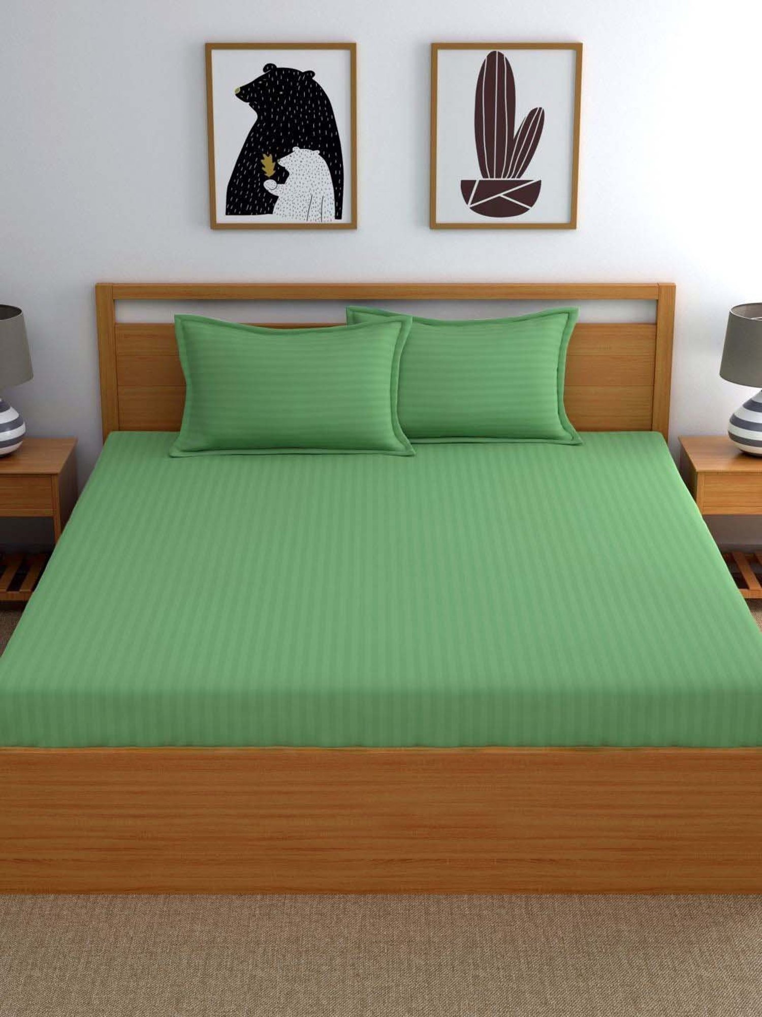My Room Green 100% Cotton 300 TC King Bedsheet with 2 Pillow Covers