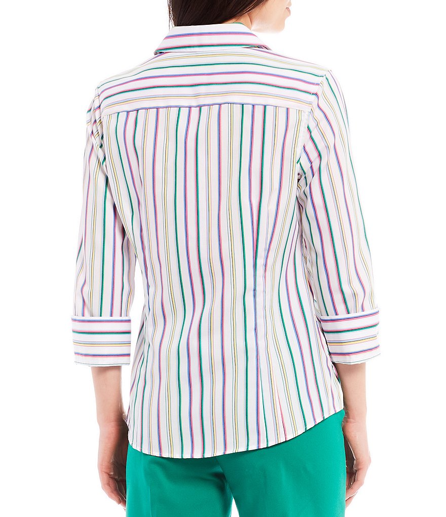 Investments Petite Size Taylor Gold Label Non-Iron Y-Neck 3/4 Sleeve Button Front Striped Shirt