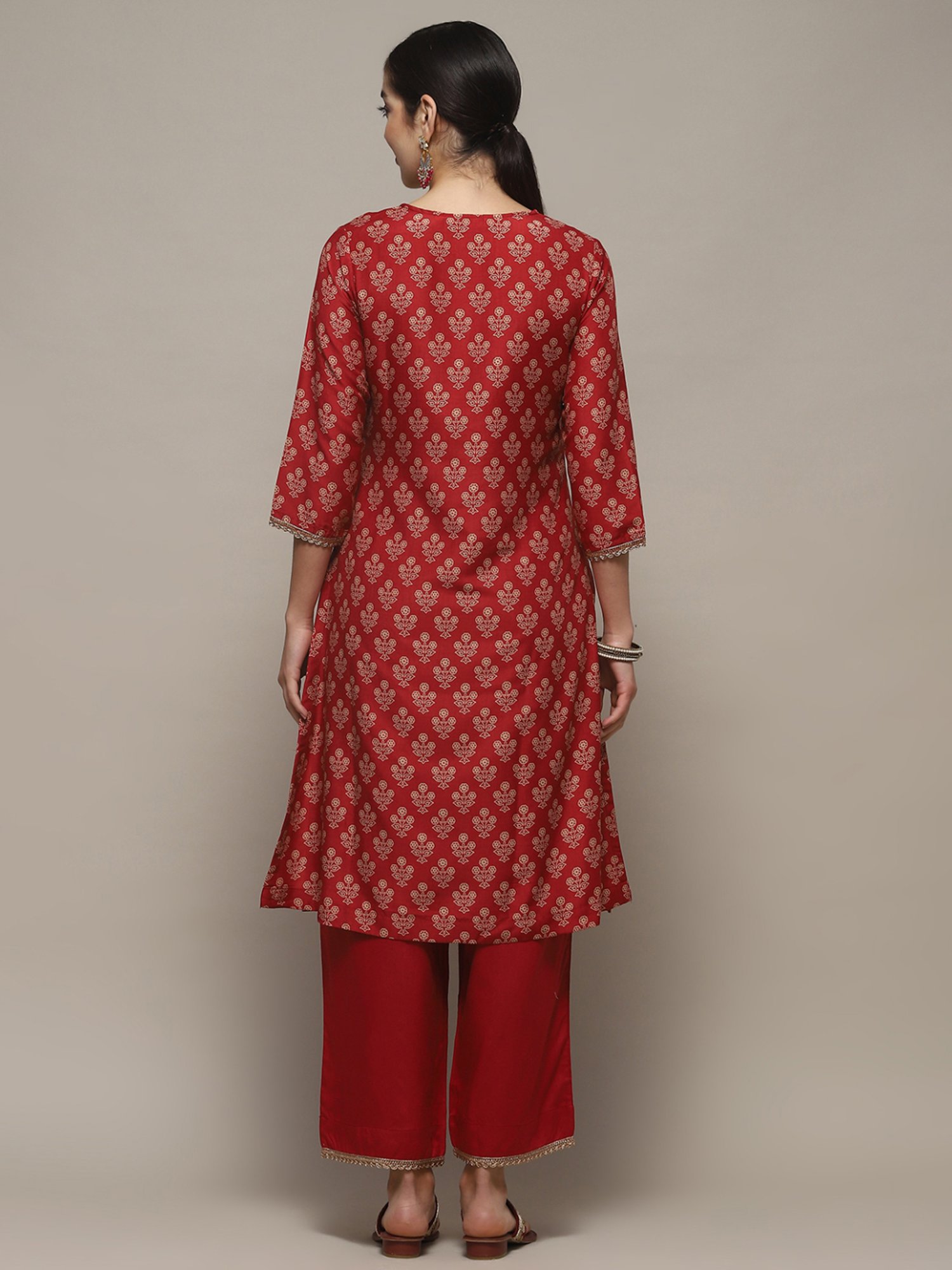 Biba Red Printed Kurta Palazzo Set With Dupatta