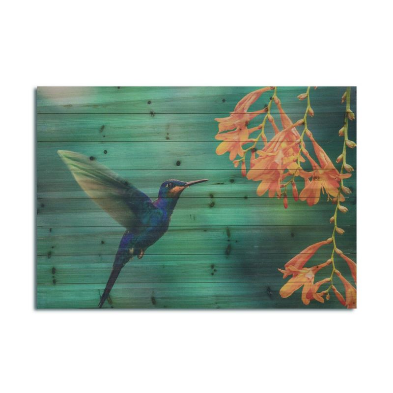 24" x 36" Hummingbird Print on Planked Wood Wall Sign Panel Teal Blue - Gallery 57