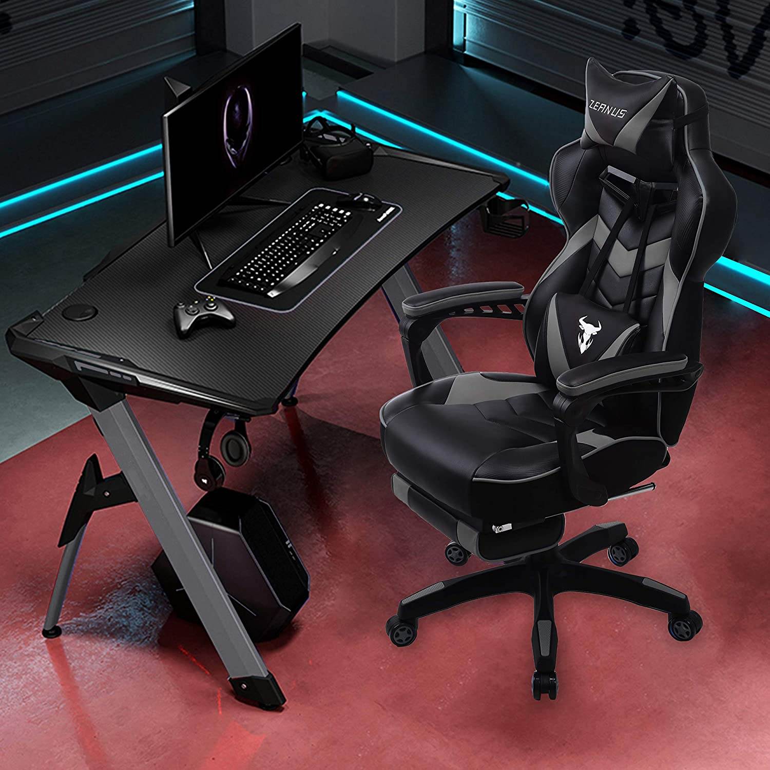 Zeanus Gaming Chair for Adults Green, Gaming Chair with Footrest, Massage Computer Gaming Chair, Reclining Gaming Desk Chair, Big and Tall Video Gaming Chair, Racing Style Chair, E-Sports Gamer Chair