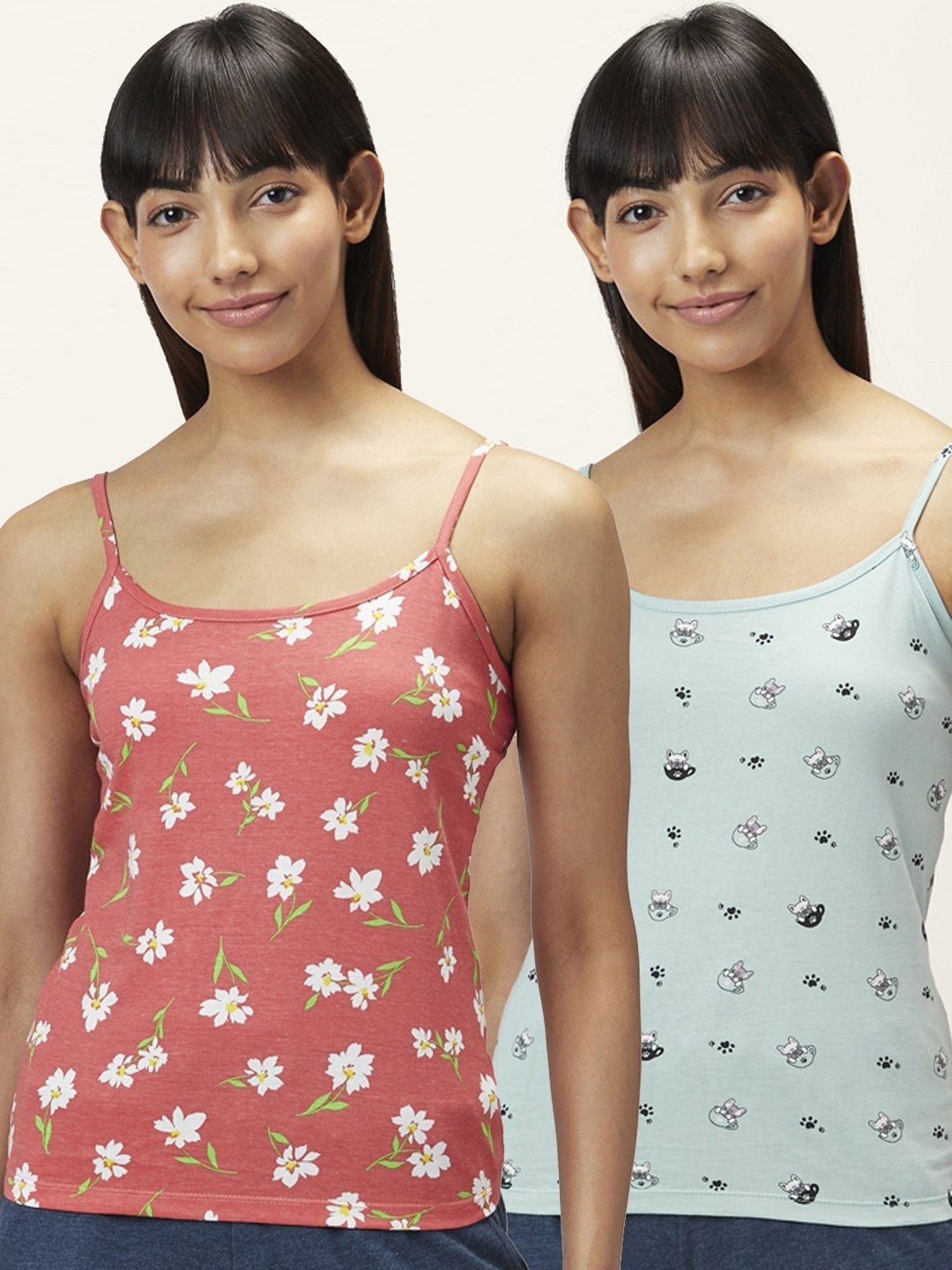 Dreamz by Pantaloons Sage Green & Pink Cotton Printed Camisoles - Pack Of 2