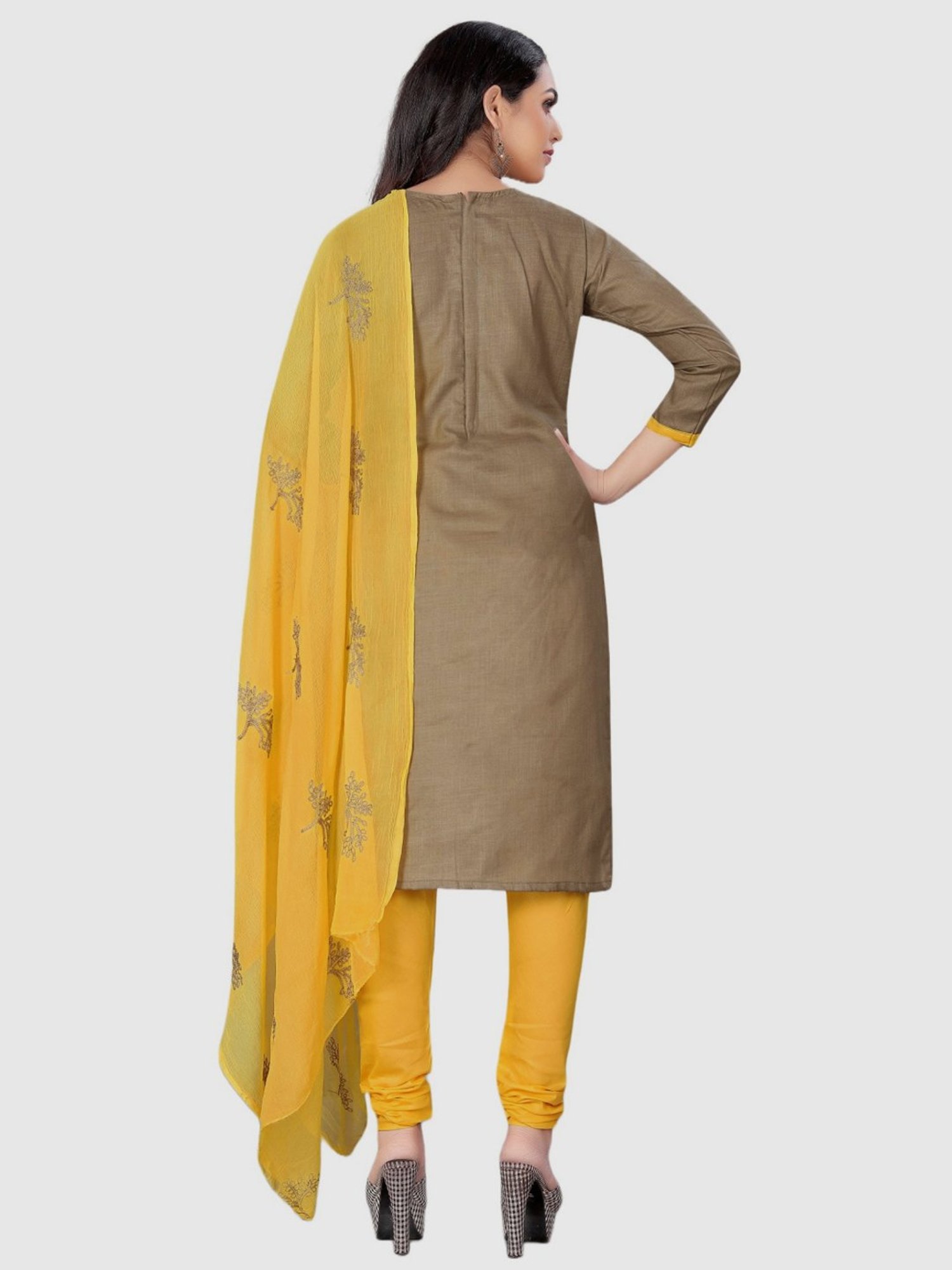 APNISHA Beige & Yellow Cotton Printed Unstitched Dress Material