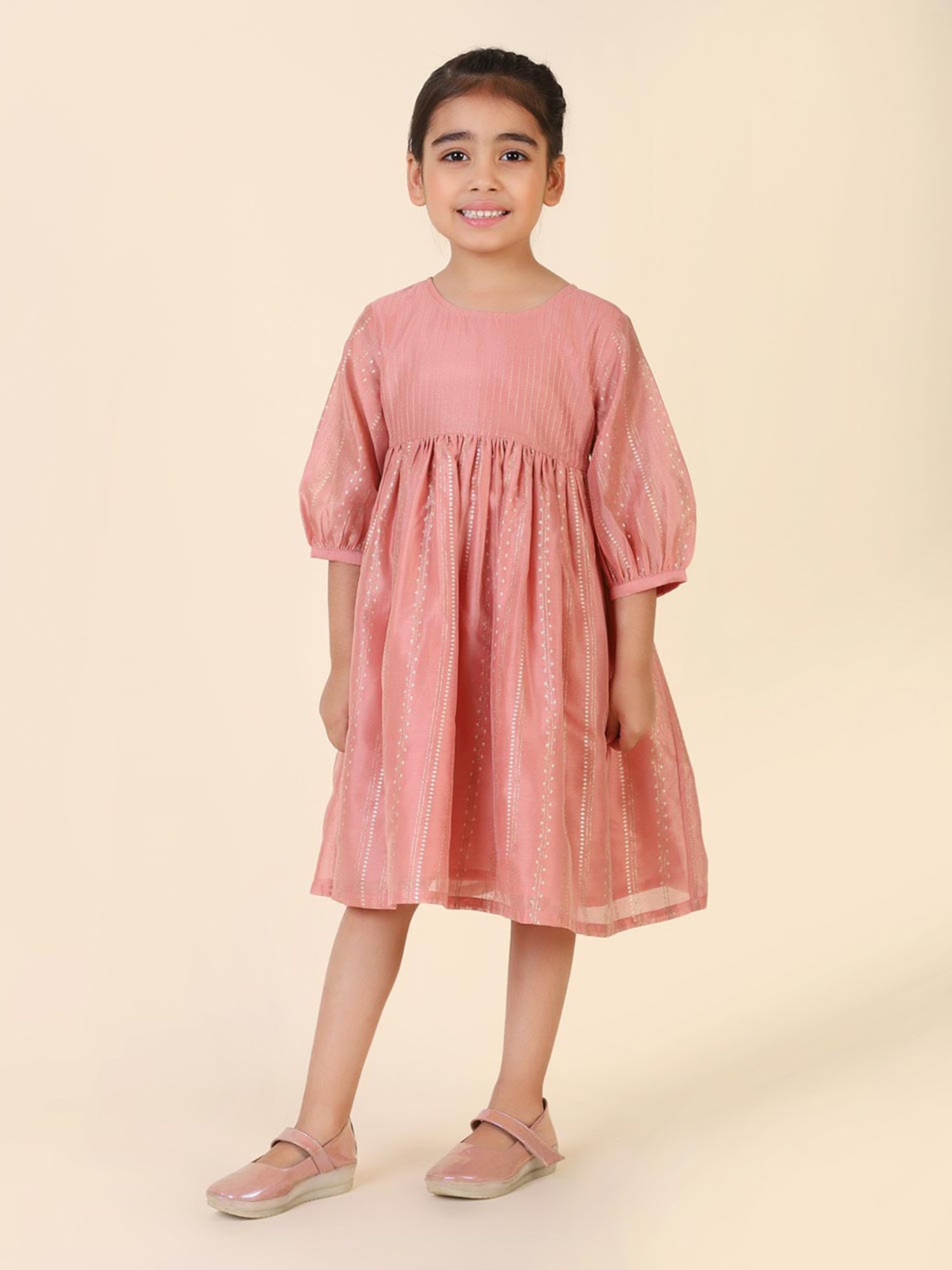 Fabindia Kids Peach Printed Dress