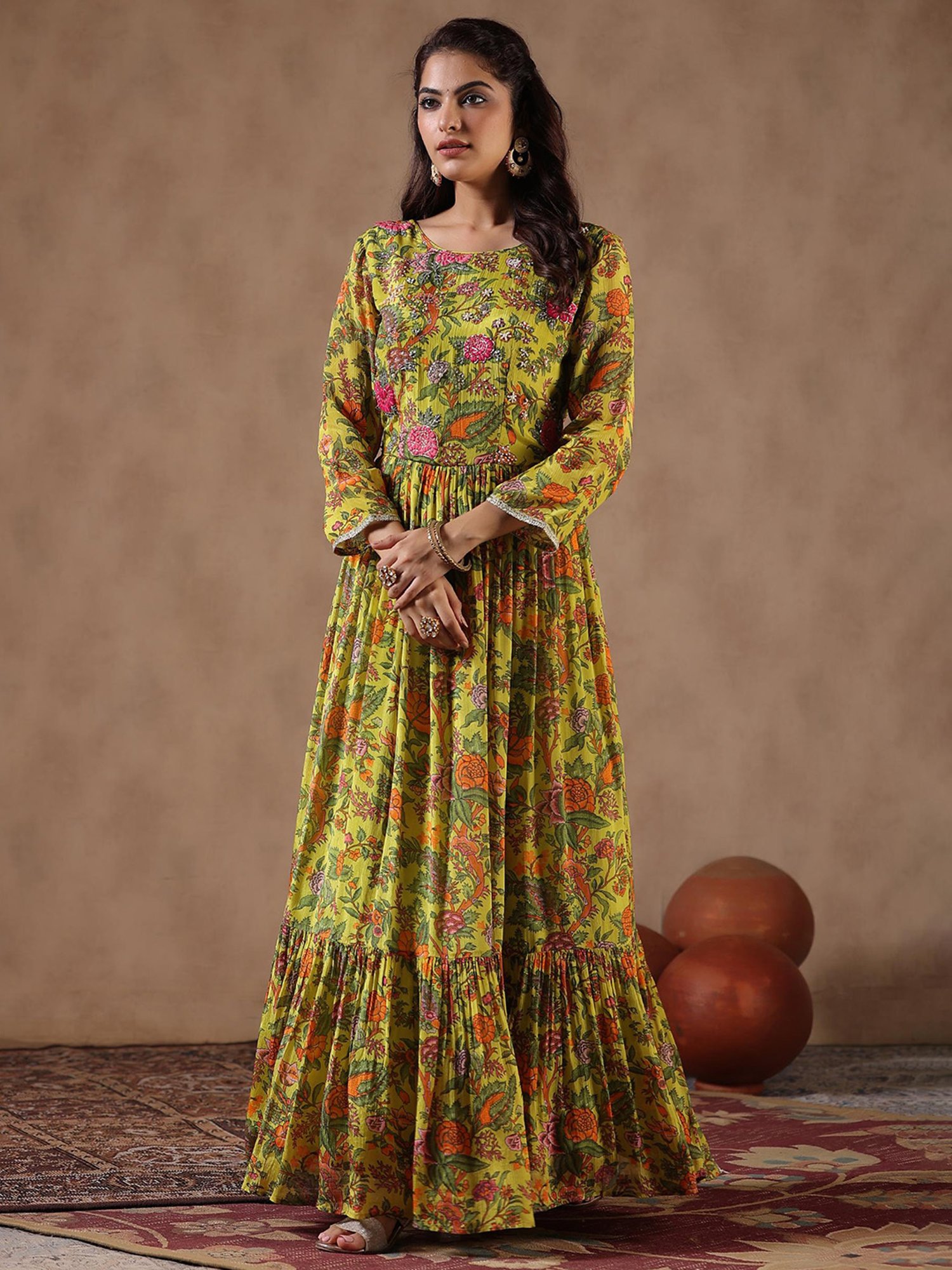Saffron Threads Black Cotton Floral Print Ethnic Dress