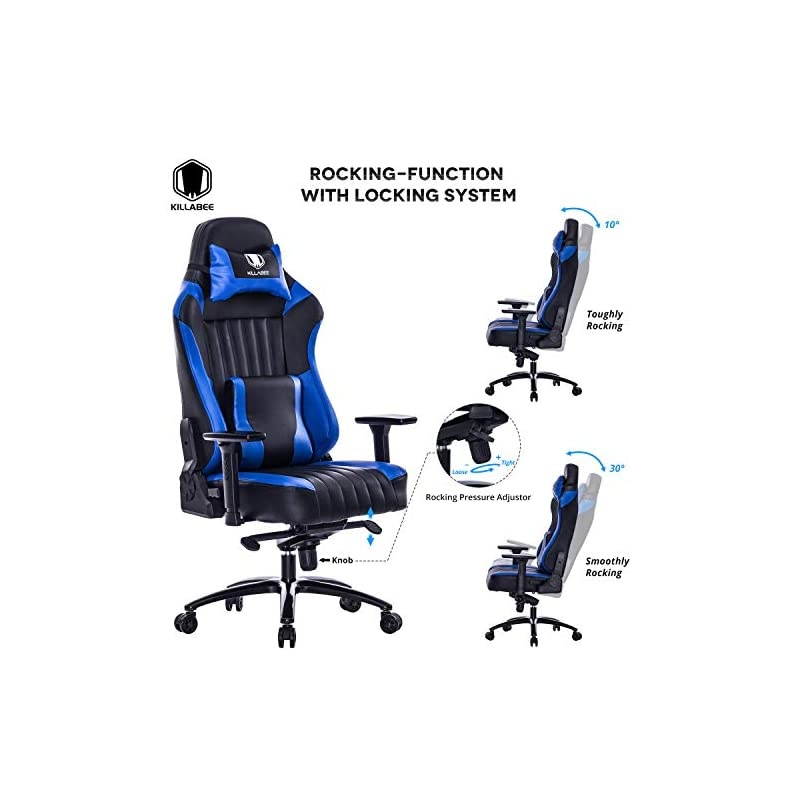 Memory Foam Gaming Chair, Adjustable Tilt Angle and 3D Arms Ergonomic High-Back Leather Racing Executive Computer Desk Office Metal Base, Blue