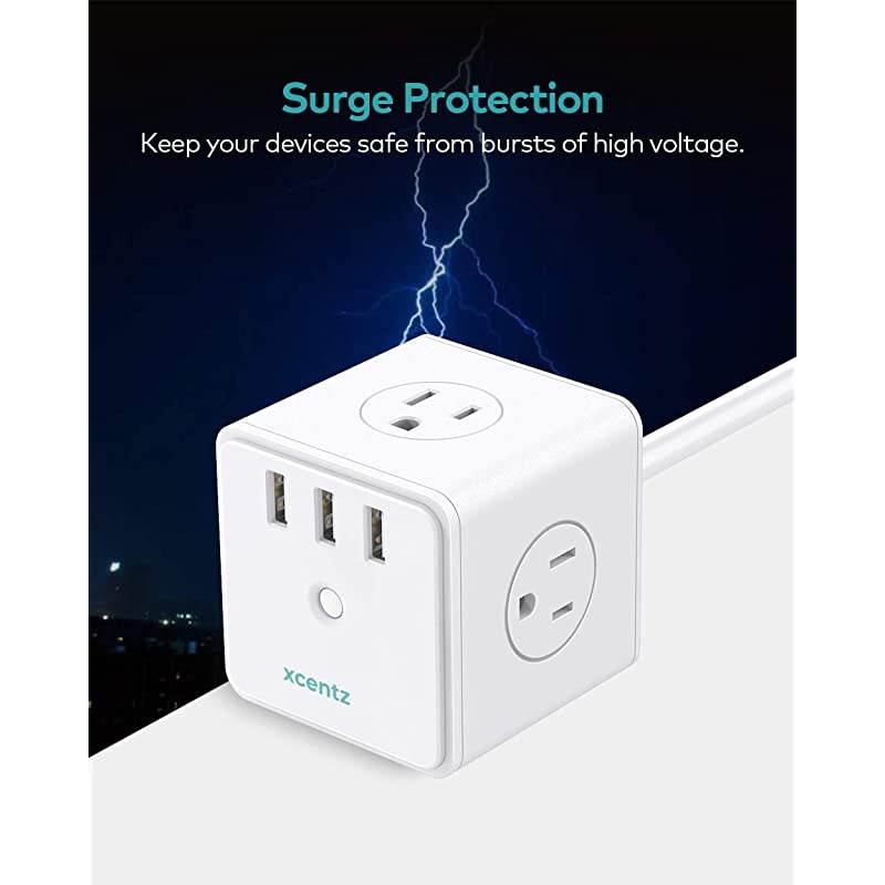Power Strip Cube White with USB 4 Outlet and 3 USB Ports Surge Protector Power Strip Flat Plug with 5 ft Extension Cord Overload Protection Switch Control Compact for Desktop Office Home