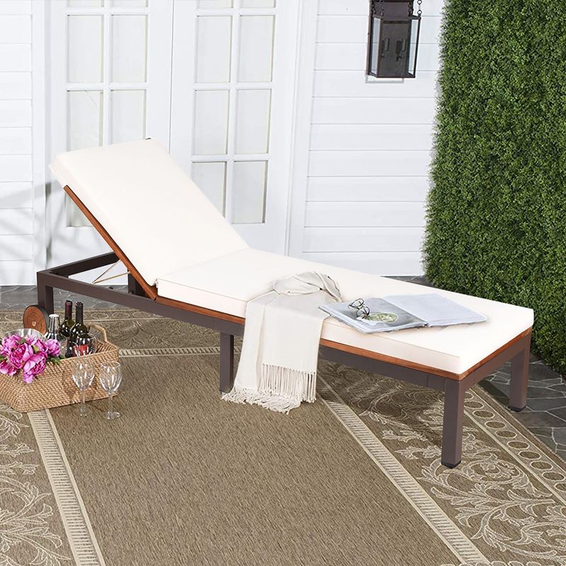 Costway 2PCS Patio Acacia Wood Lounge Chair Chaise Recliner Adjustable Backrest Cushion