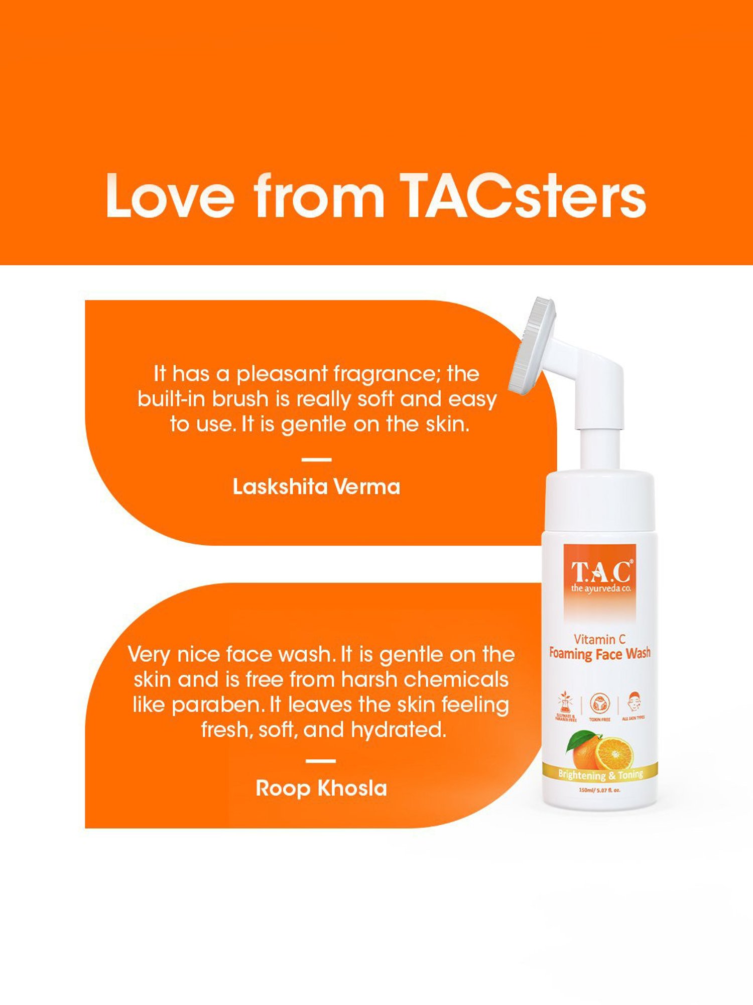 TAC - The Ayurveda Co. Vitamin C Foaming Face Wash with Brush for Glowing Skin - 150 ml