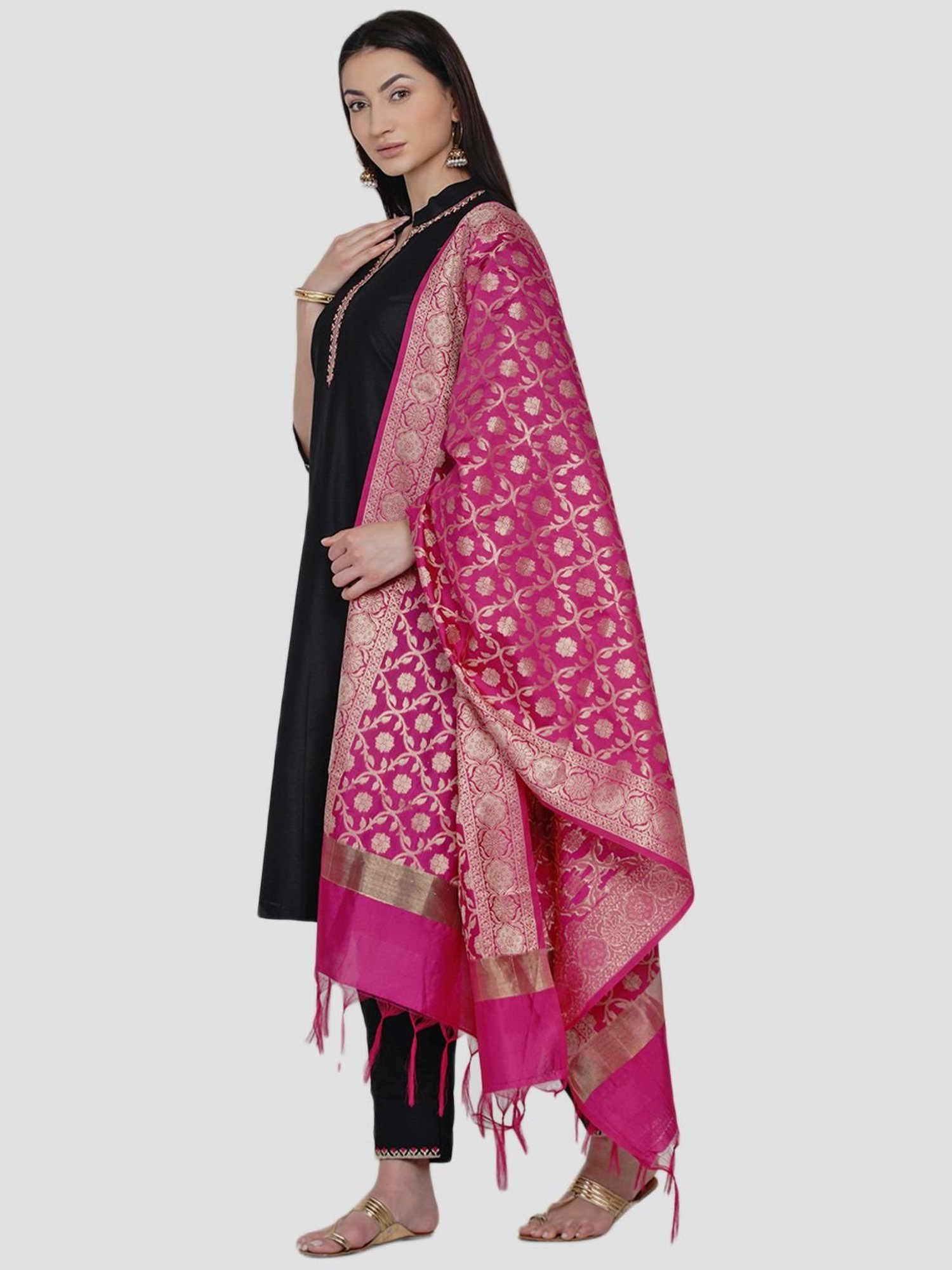 Women Republic Black Cotton Kurta Pant Set With Dupatta