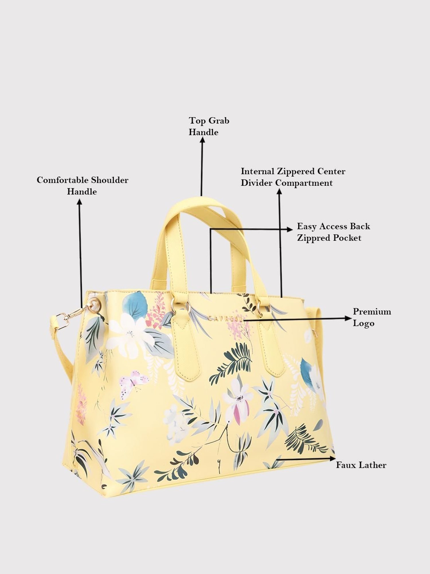 Caprese Gemma Yellow Faux Leather Floral Handbag