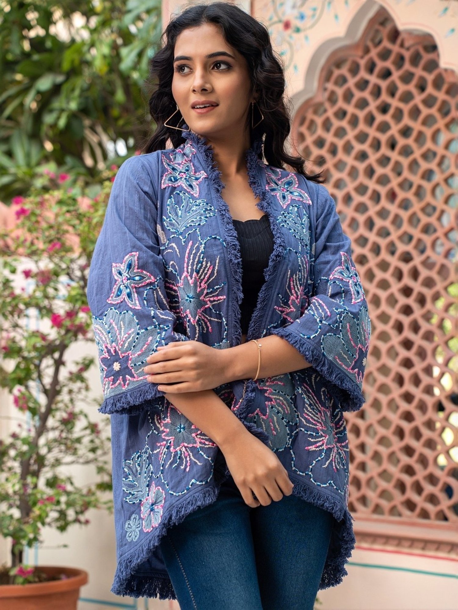 Zolo Label Blue Cotton Embroidered Jacket