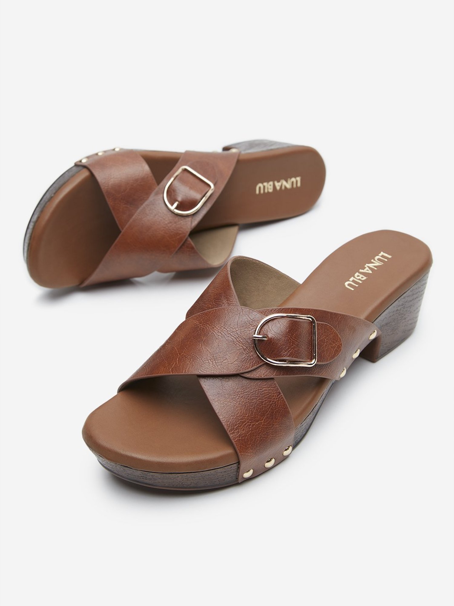 LUNA BLU by Westside Tan Criss-Cross Buckled Heel Sandals