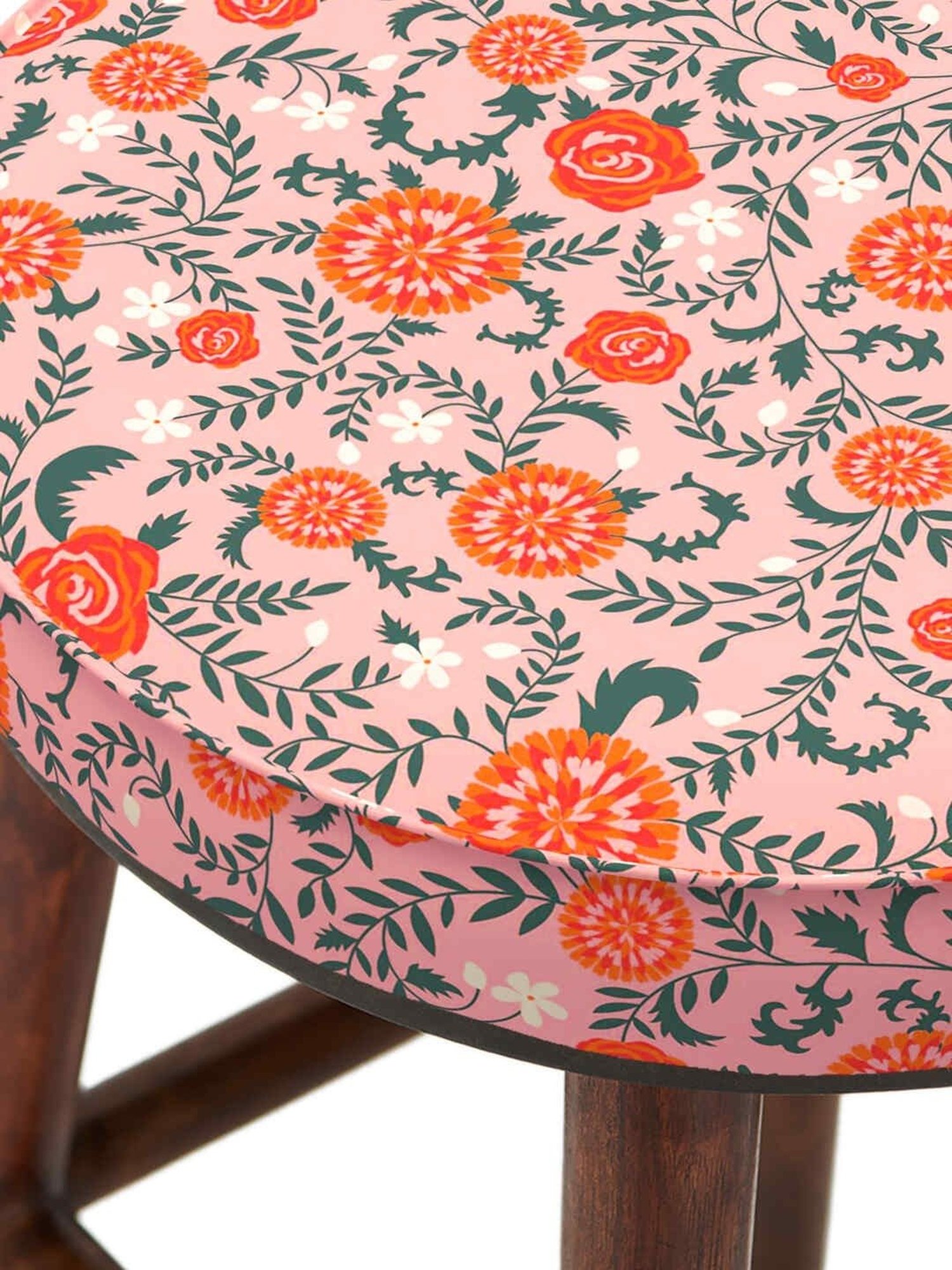 Chumbak English Earthy Floral Peach Orange Wood Cafe Stool