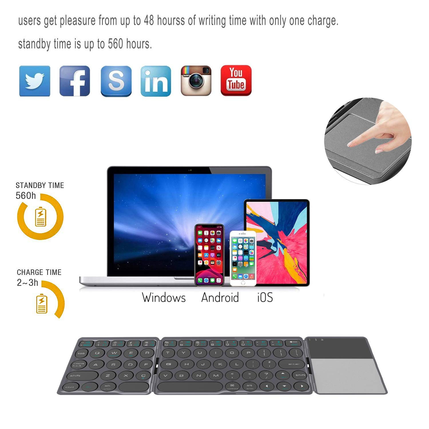 Foldable Bluetooth Keyboard with Touchpad - Samsers Portable Wireless Keyboard with Stand Holder, Rechargeable Full Size Ultra Slim Pocket Folding Keyboard for Android Windows IOS Tablet & Laptop
