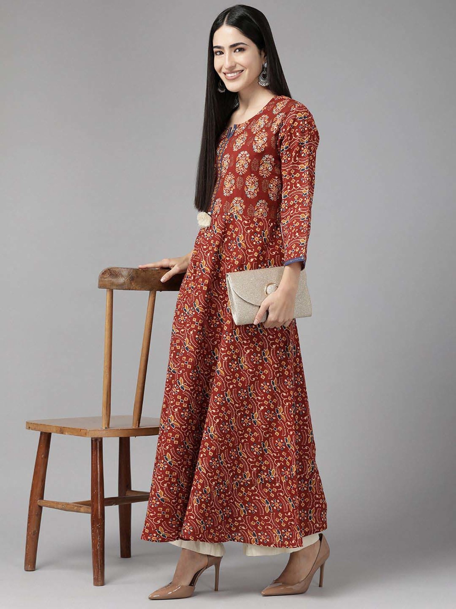 Fusion Beats Light Grey Embroidered A Line Kurta