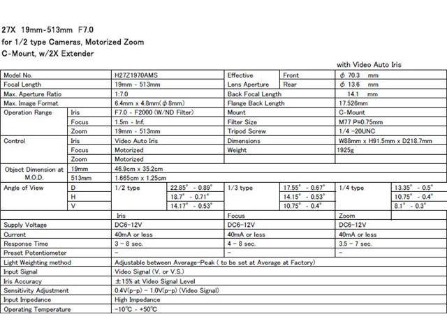 Computar Ganz High Quality CCTV Camera Lens H27Z1970AMS 1/2" 19-513mm f7.0 27X Motorized Zoom, Video Auto Iris (C Mount)