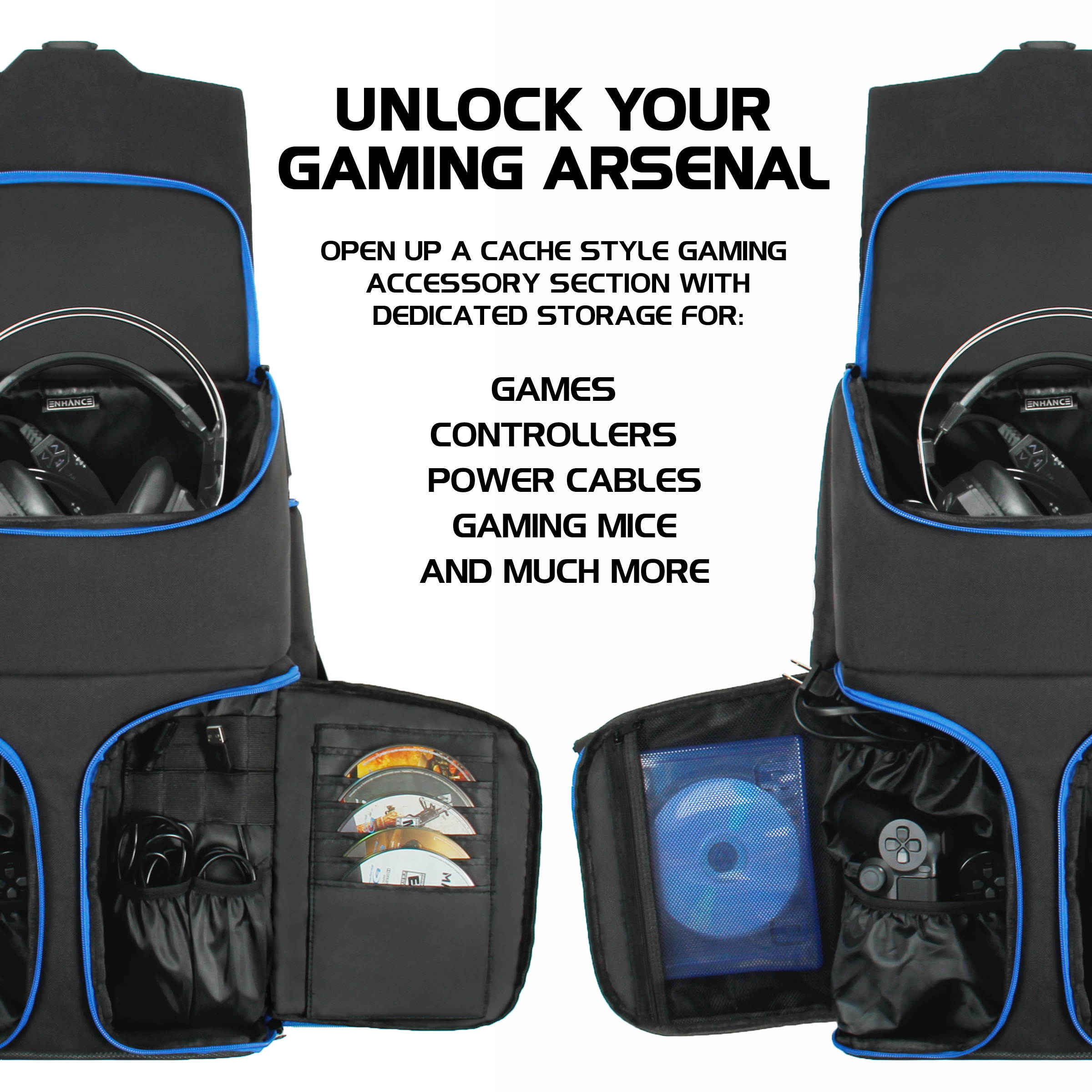 ENHANCE Universal Console Laptop Gaming Backpack for PS4 Pro , Xbox One & Computers - Gear Arsenal Storage for Controllers, Headsets, Games, Mice, Keyboards & Accessories - Essential eSports Gear