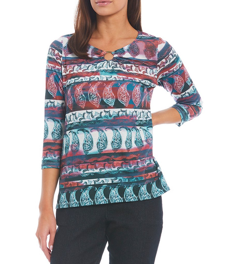 Allison Daley Batik Stripe Knit 3/4 Sleeve Keyhole Round Neck Ring Detail Top