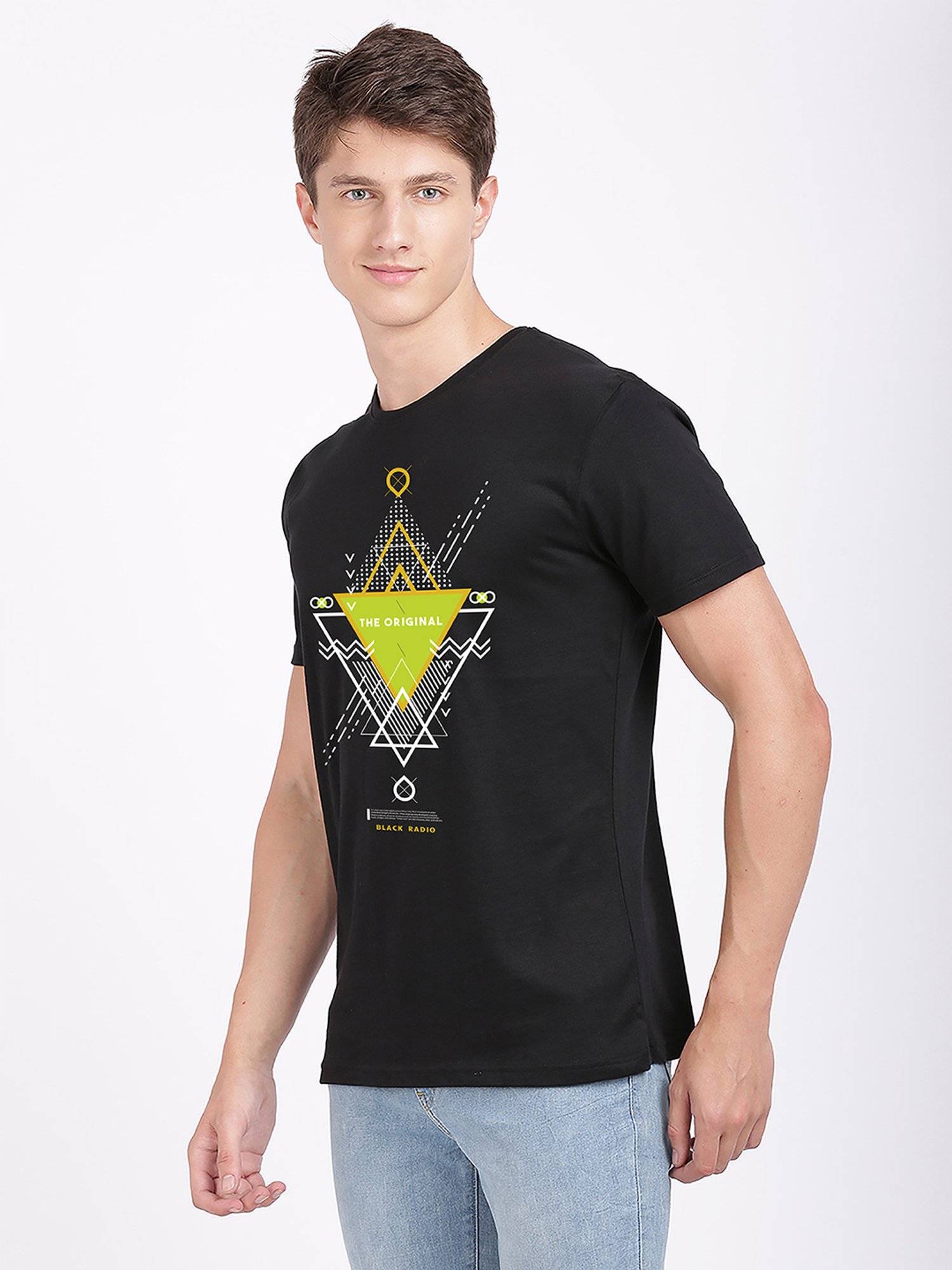 BLACK RADIO Black Slim Fit Printed Cotton Crew T-Shirt