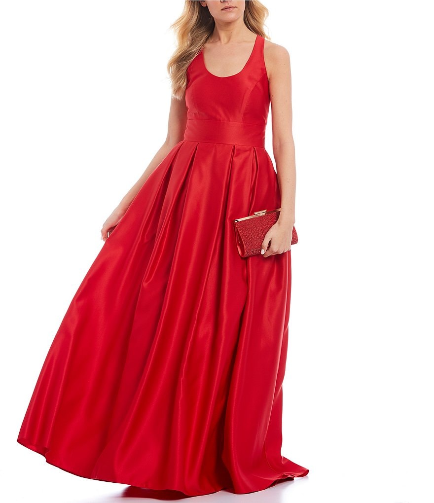 Morgan & Co. Sleeveless Racer-Back Pleated Satin Ball Gown