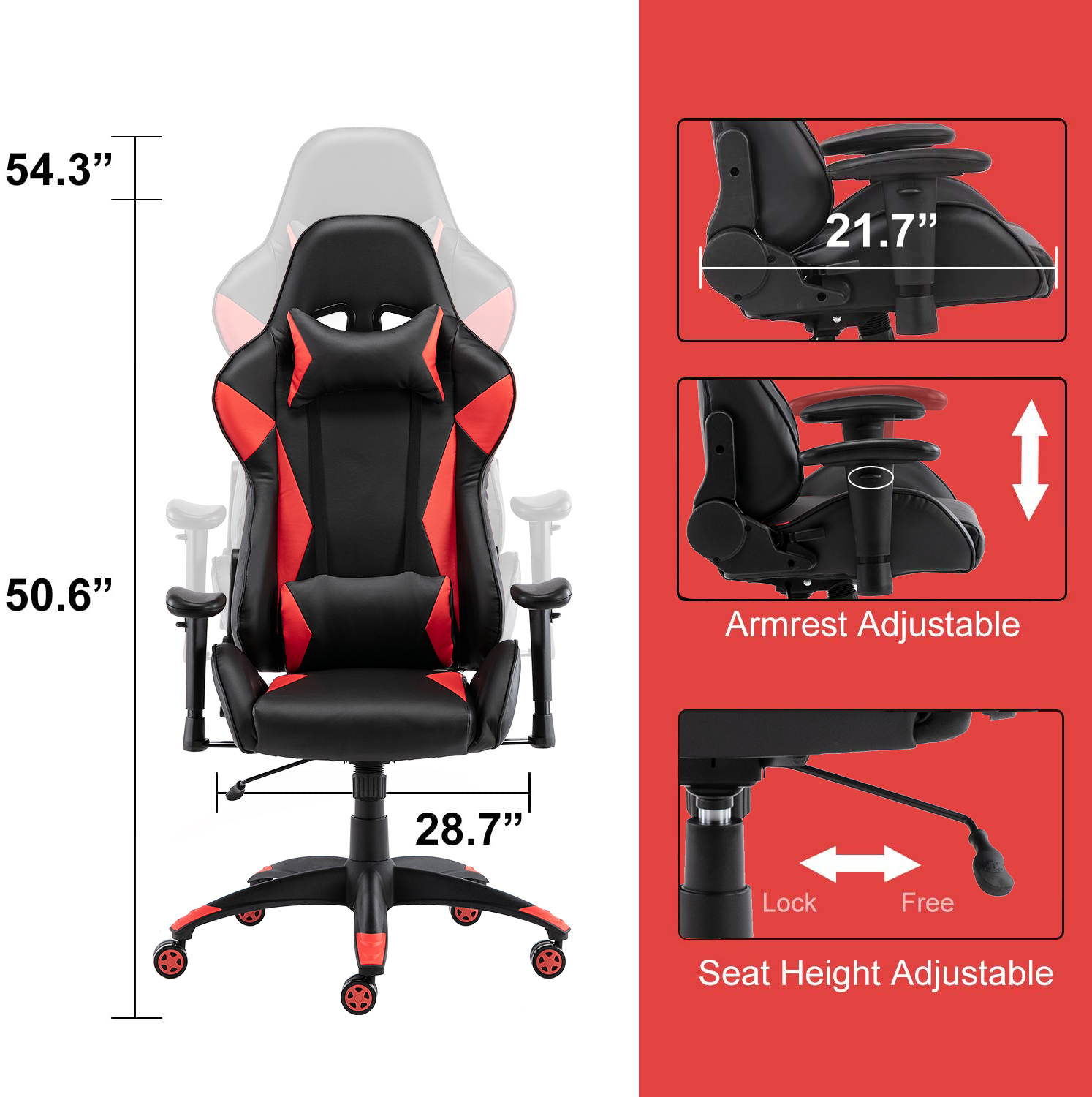 SMUGDESK Gaming Chair,Ergonomic Racing Office Chair High Back Task Chair Swivel PU Leather Computer Desk Chair Adjustable with Lumbar Support Headrest,Red
