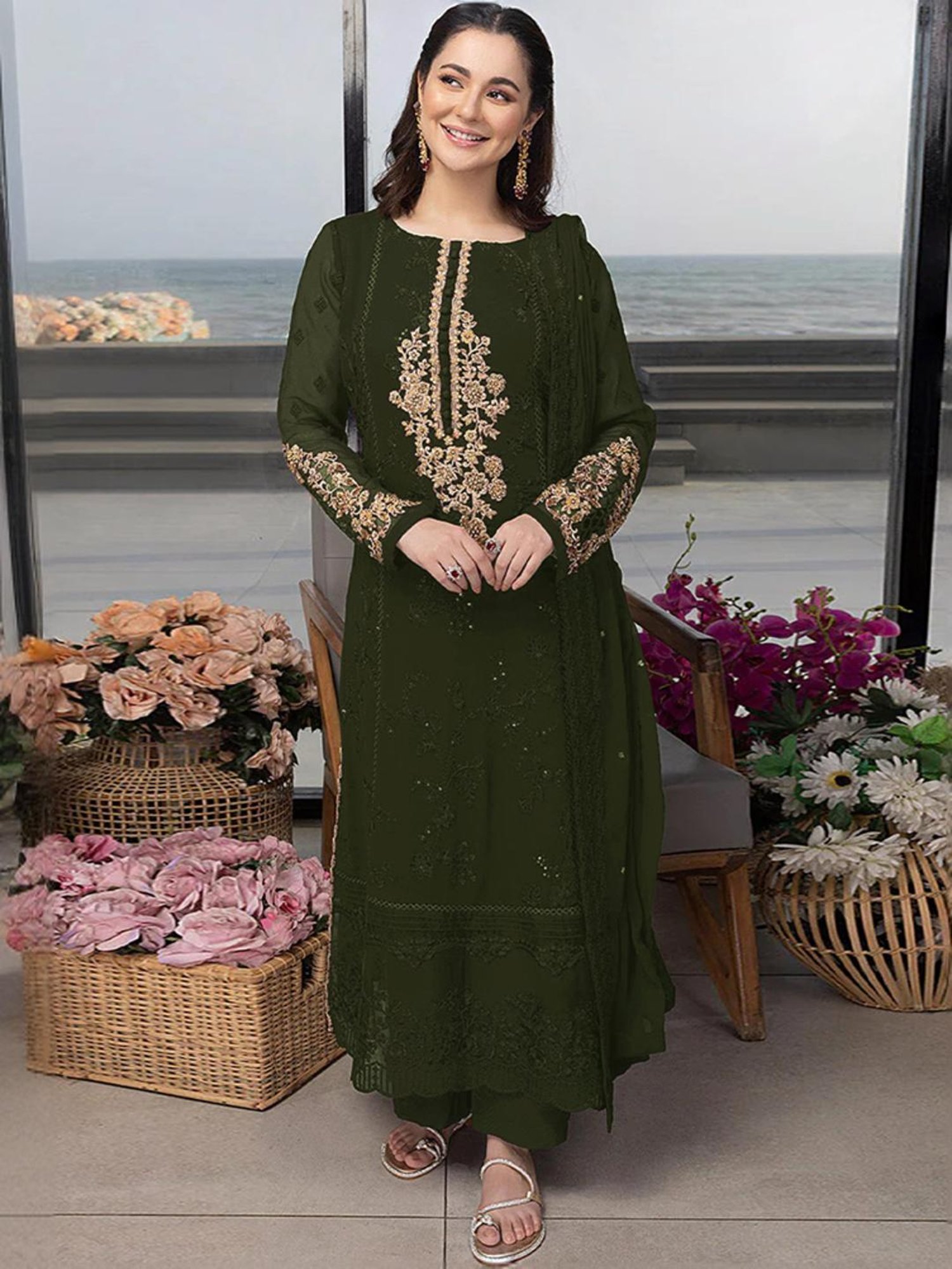 Odette Green Embroidered Unstitched Dress Material
