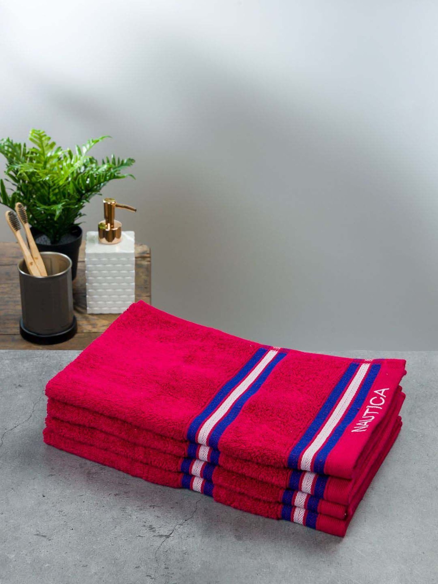 Nautica Vintage Crew Stripe Burgundy Cotton 500 GSM Super Soft Zero Twist Hand Towel - Set of 4