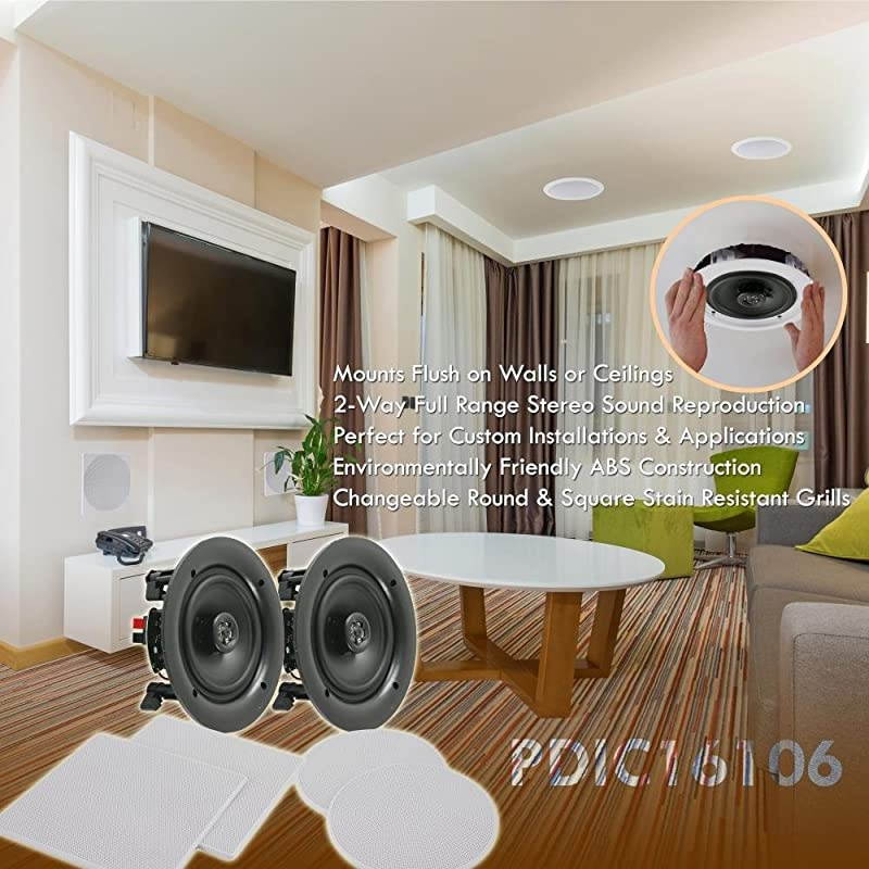 Pair 10 Flush Mount inWall inCeiling 2Way Speaker System Spring Loaded Quick Connections Changeable RoundSquare Grill Stereo Sound Polyprone Cone Polymer Tweeter 300 Watts PDIC16106