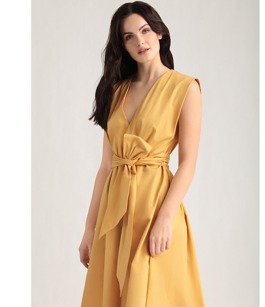 Maggy London Petite V-Neck Tie Waist Cotton Poplin Midi Dress