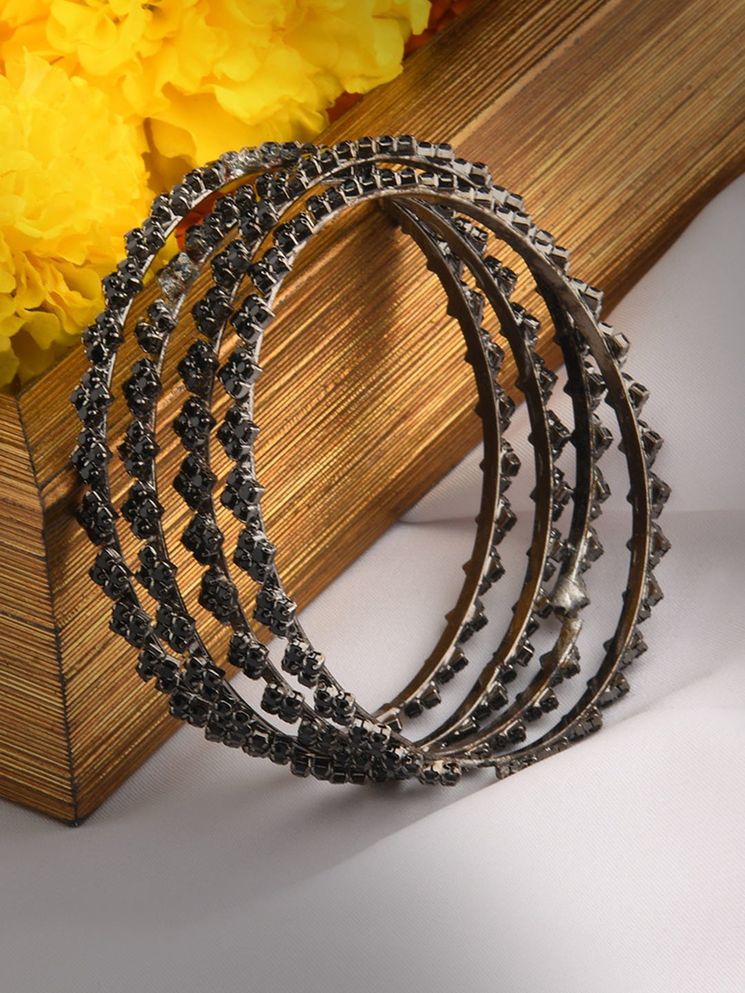 Fida Ethnic Traditional Black Stone Studded Bangle Set for Women - Set of 4