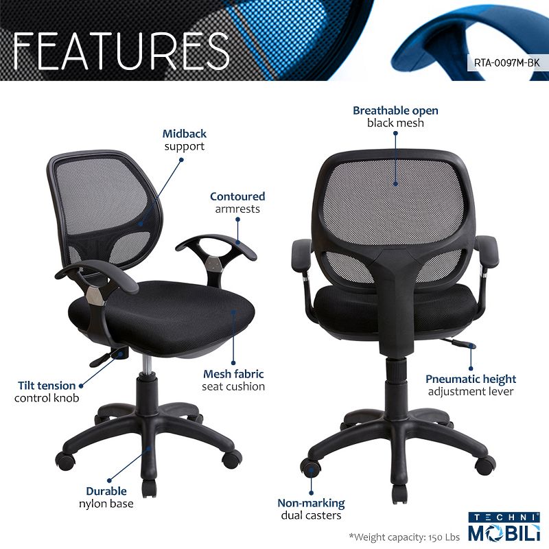 Midback Mesh Task Office Chair Black - Techni Mobili