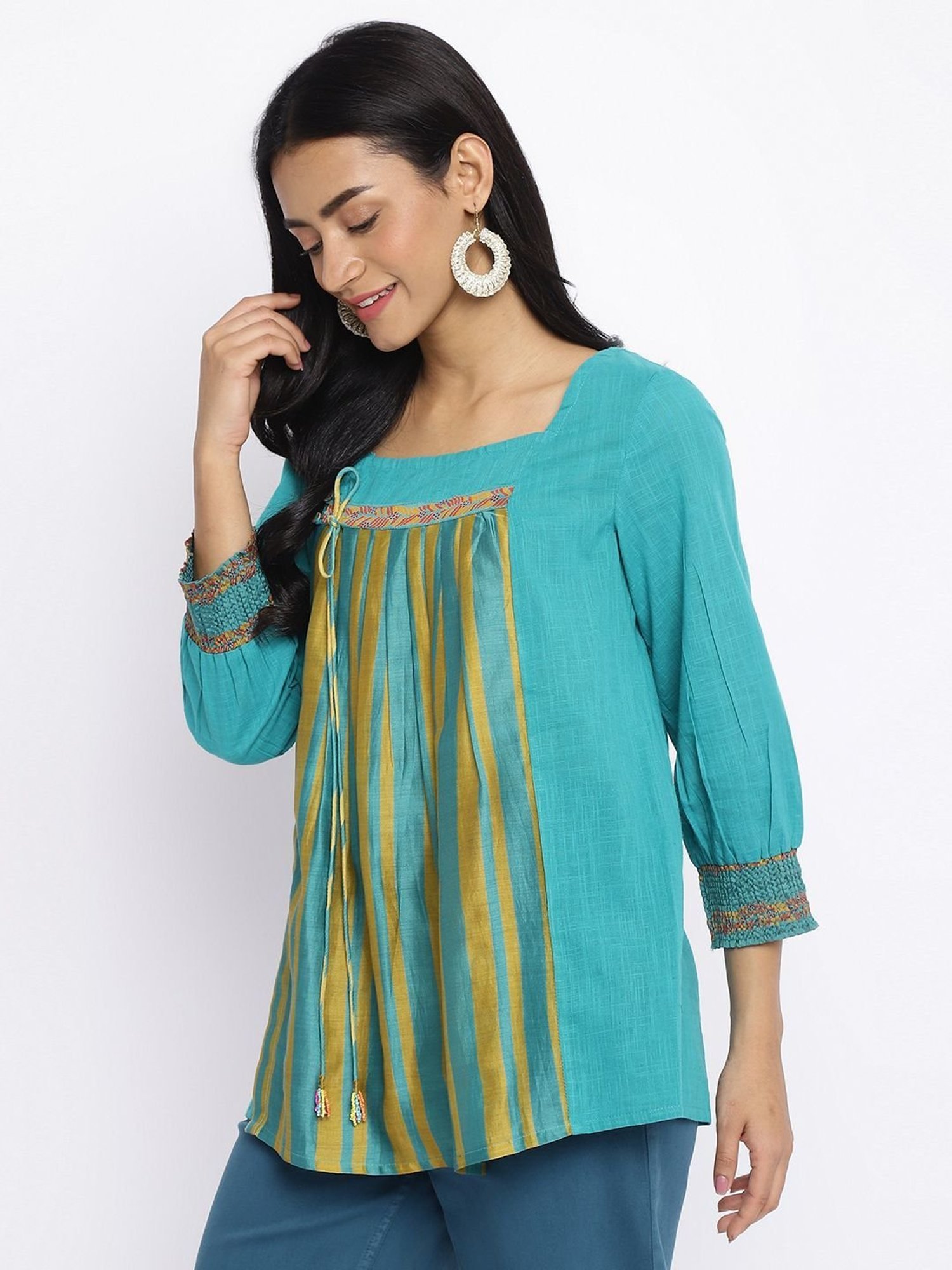 Fabindia Turquoise Cotton Printed Tunic