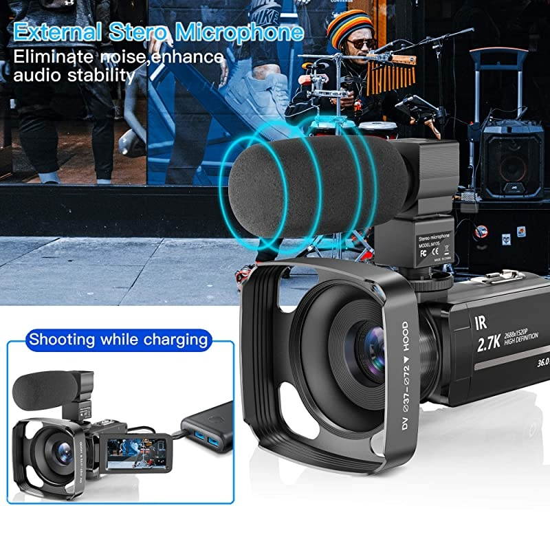 Camcorder Video Camera with Microphone, 2.7K UHD Vlogging Cameras for YouTube IR Night Vision 30FPS 36MP 16X Zoom 3.0 Inch 270&deg; Rotatable Touch Screen Remote Control 2 Batteries