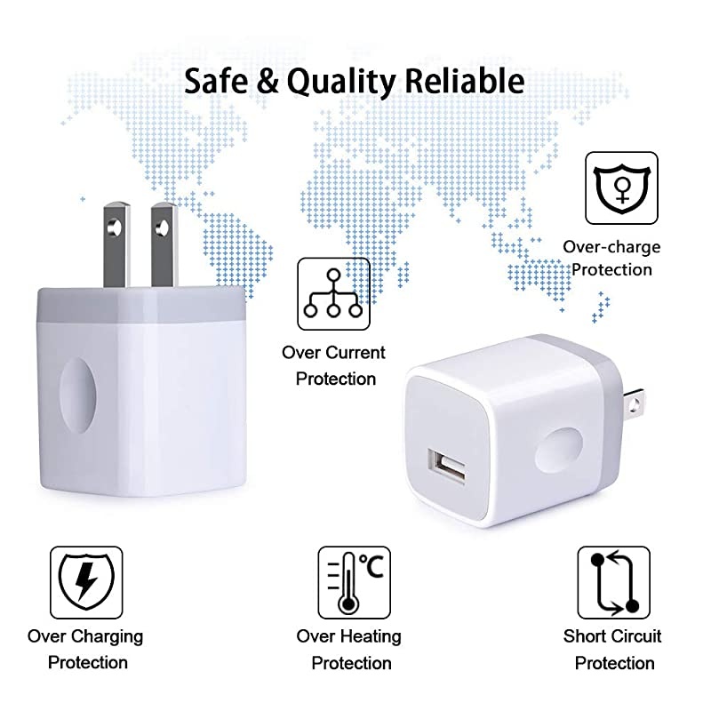 USB Wall Charger,  1A/5V 3-Pack Travel USB Plug Charging Block Brick, Charger Power Adapter Cube Compatible Phone Xs/XS Max/X/8/7/6 Plus, Galaxy S9/S8/S8 Plus, Moto, Kindle, LG