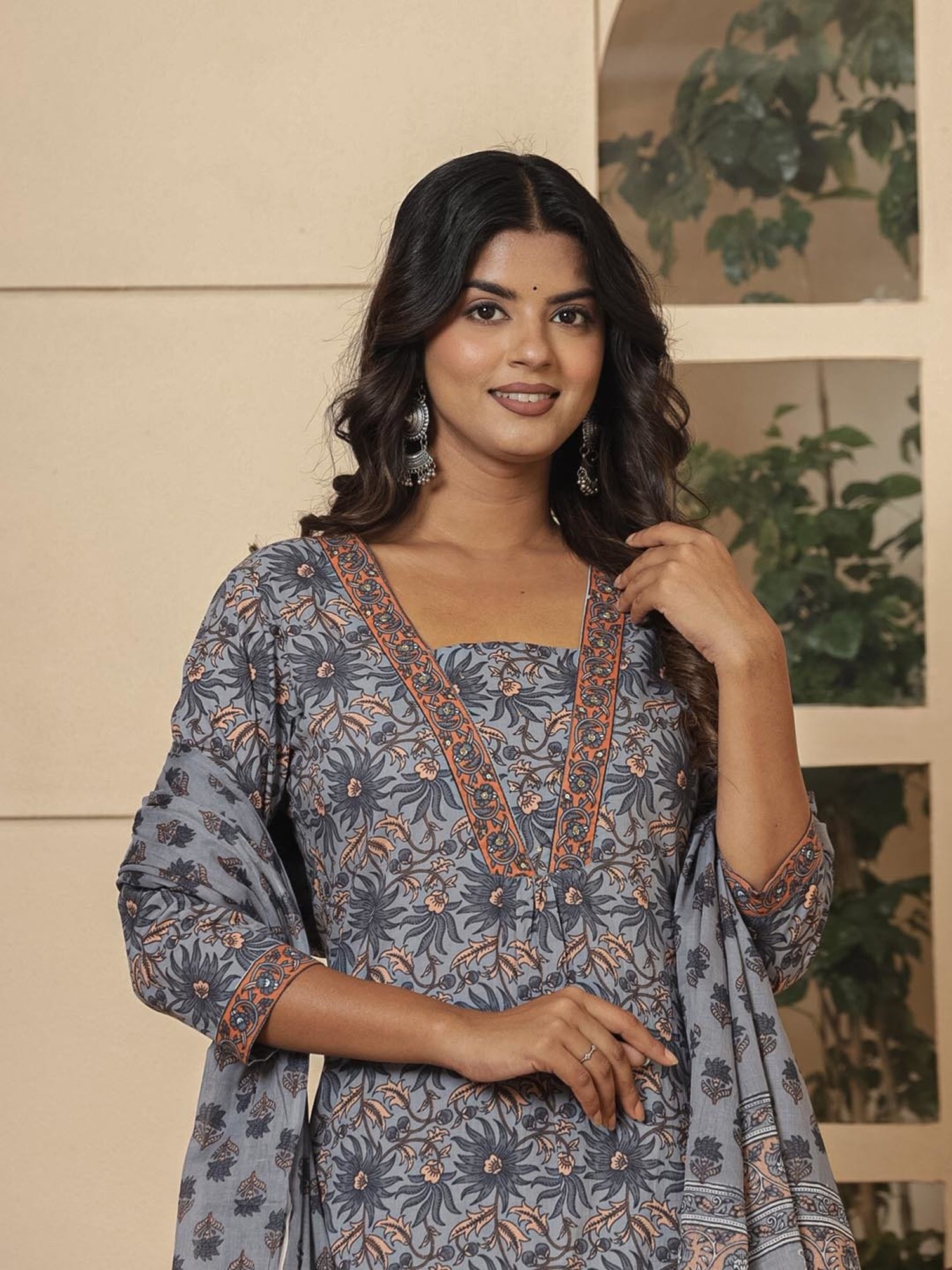 Yufta Grey Cotton Floral Print Kurta & Pant Set with Dupatta