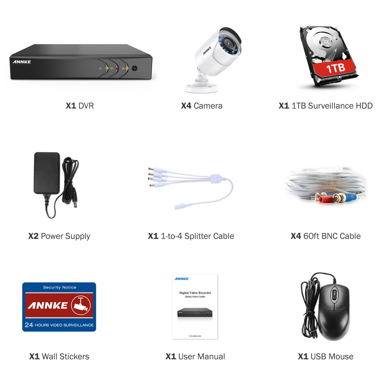 ANNKE CCTV Camera System 8 Channel 3MP 5-in-1 H.265+ DVR and 4&times;1080P Starlight DE-Noise HD Weatherproof Cameras Email Alert with Snapshots, Remote Access with 1TB HDD