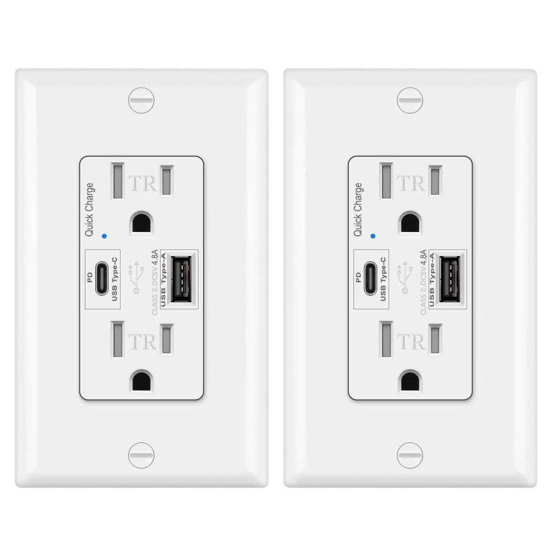 [2 Pack] BESTTEN USB Quick Charge Receptacle Outlet, Type C Supports PD & QC 3.0, 15A Tamper Resistant AC Outlets, UL Listed, White