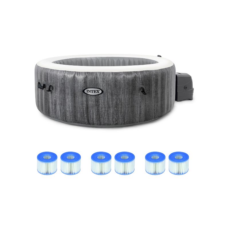 Intex PureSpa Greywood Deluxe 85in x 25in Outdoor Portable Inflatable 6 Person Round Hot Tub Bubble Jet Spa with 6 Type S1 Pool Filter Cartridges