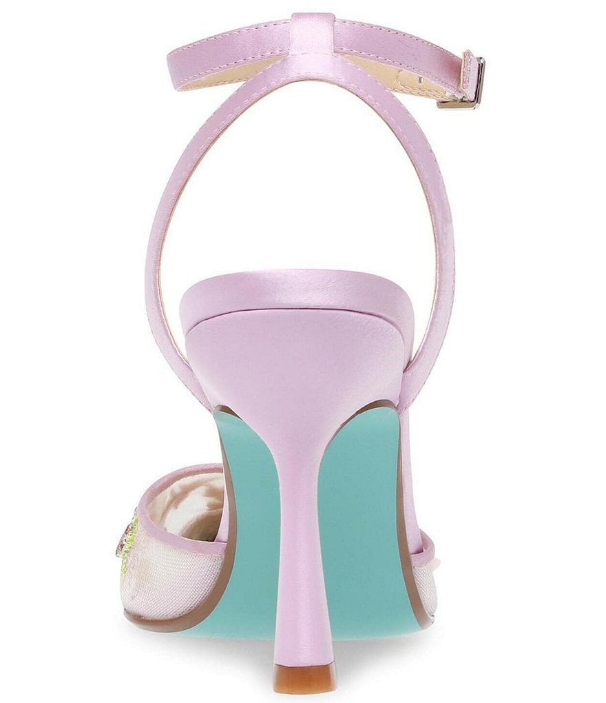 Blue by Betsey Johnson Zola Rhinestone Beaded Floral Applique Ankle Strap Dress Pumps