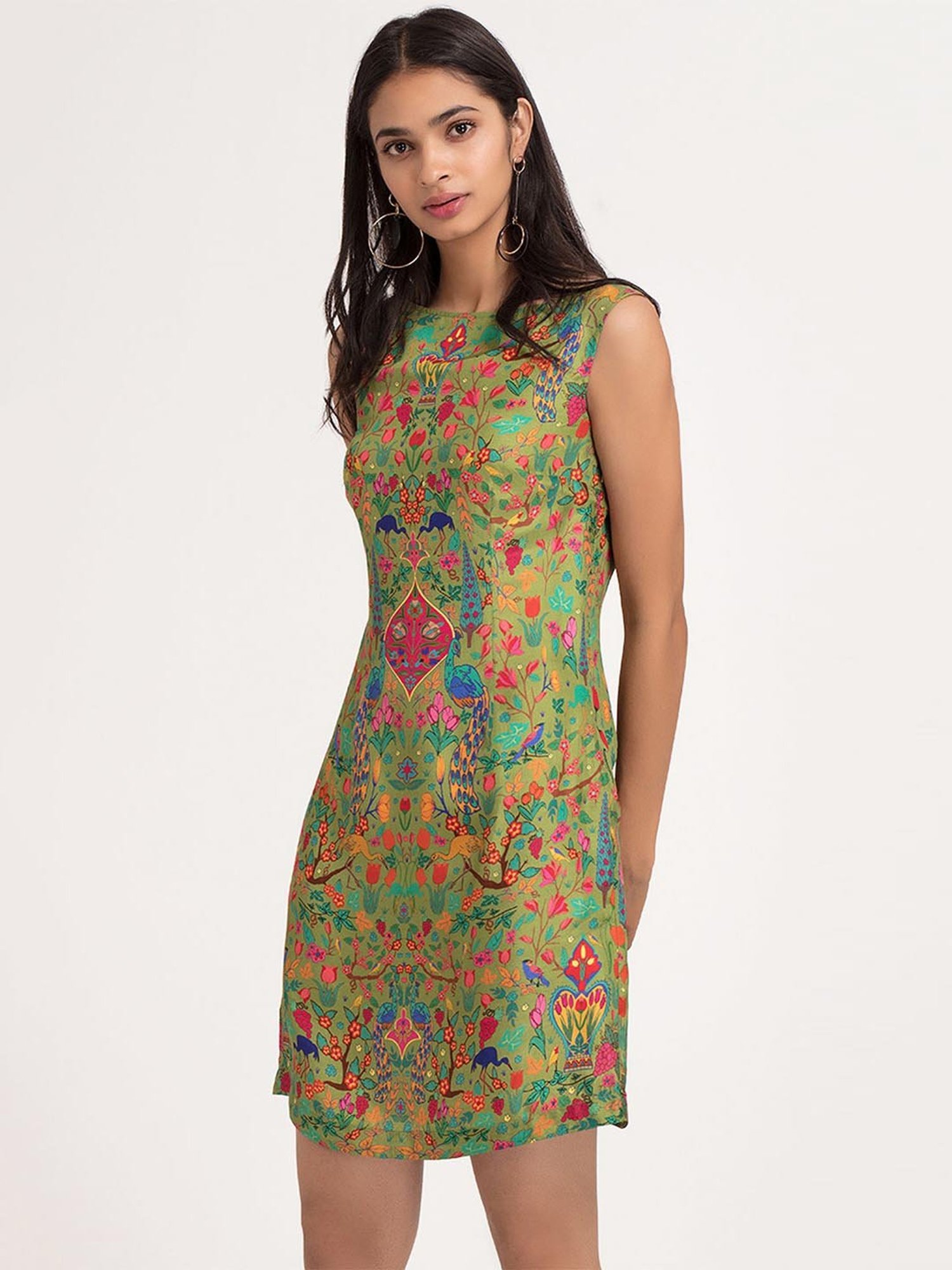 SHAYE Green Printed Shift Dress