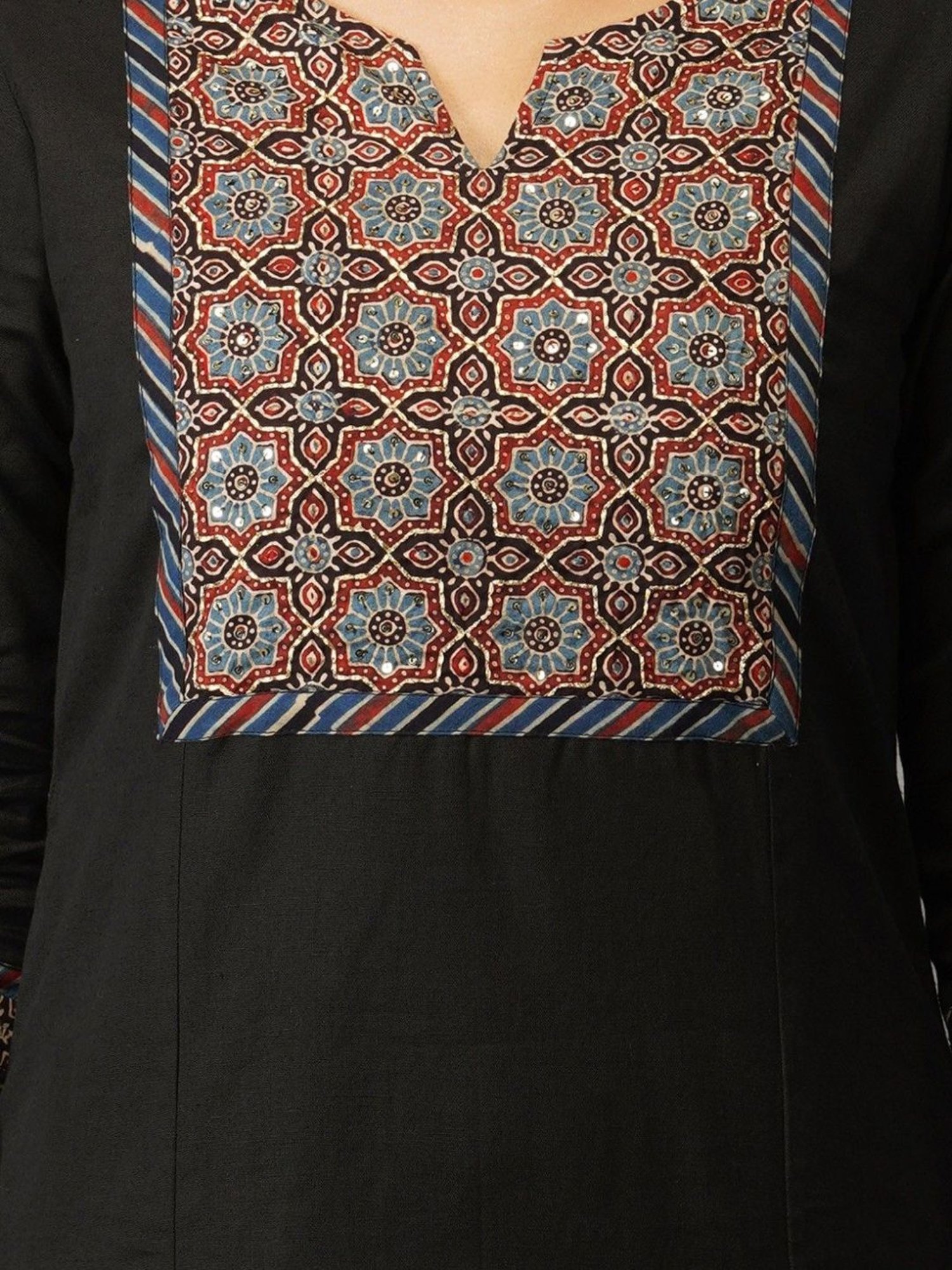 Akiso Bakhair Black Straight Kurta With Ajrak Yoke In Zari Embroidery Set With Pants