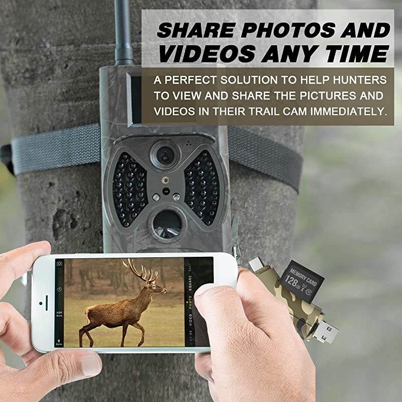 Camera Viewer SD Card Reader 4 in 1 SD and Micro SD Memory Card Reader to View Hunting Game Camera Photos or Videos on Smartphone Camouflage