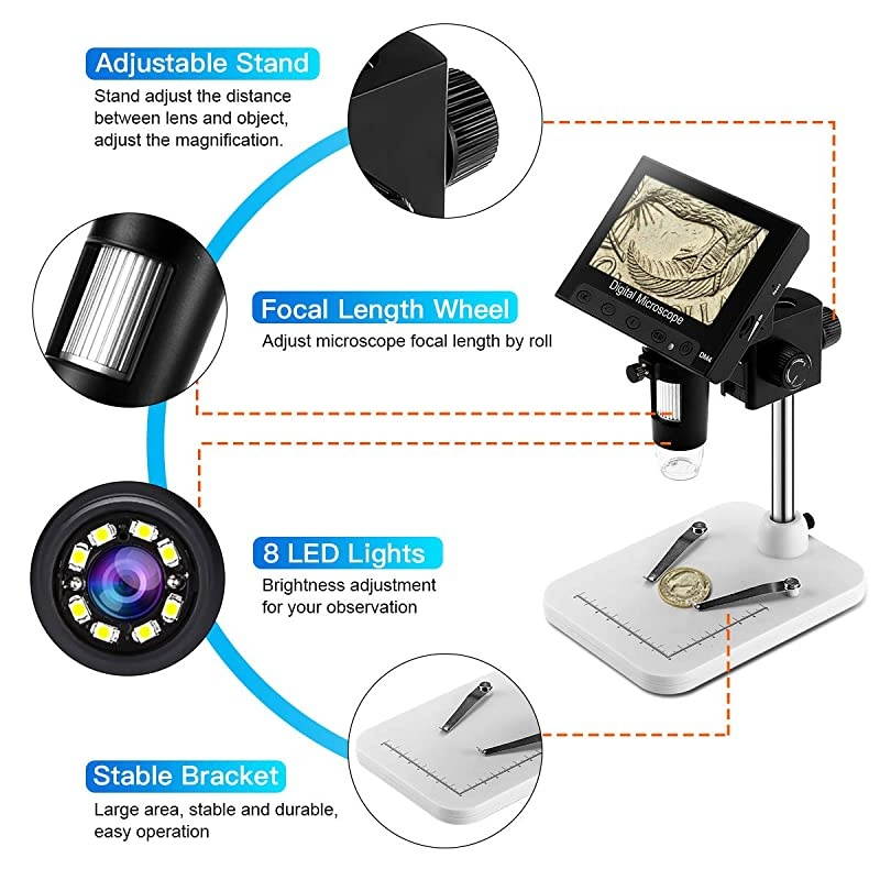43 inch LCD Digital USB Microscope Endoscope Record 1000X Magnification Zoom 8 Adjustable LED Light MicroSD Storage Camera Video Recorder for Repair Soldering